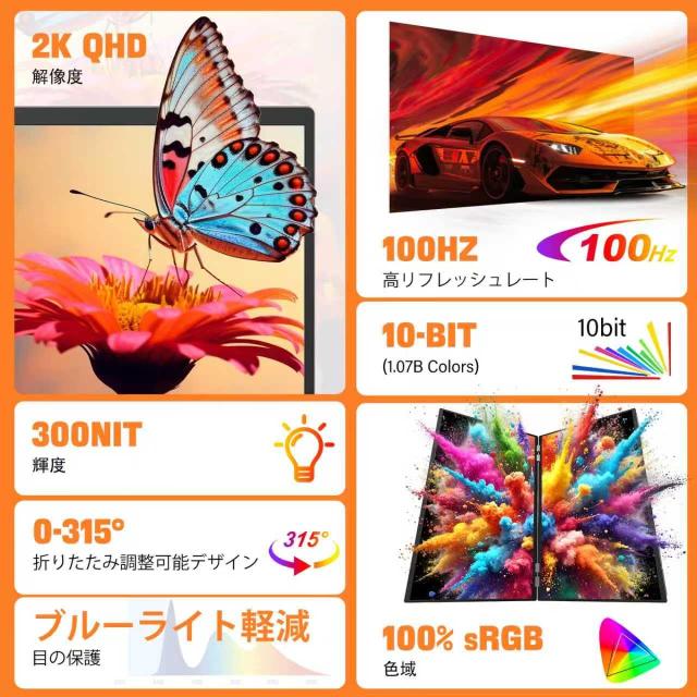 InnoView デュアル モバイルモニター 18.5インチ 2K 2560x1440 100Hz トリプルモニター 100% sRGB ΔE＜2 300nits ドライバー不要 折りた_1