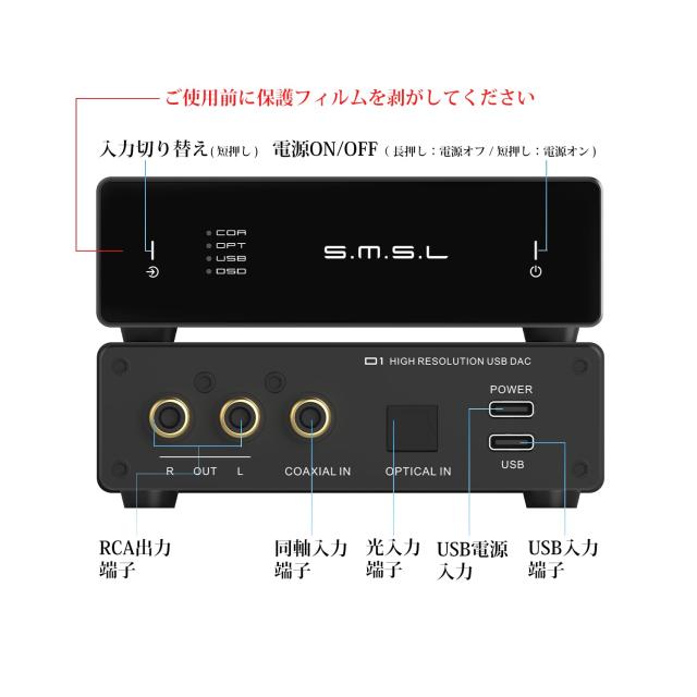 S.M.S.L D1 D/Aコンバーター ハイレゾ対応/ROHM 高性能DAC IC 「BD34352EKV」搭載/USB 光ファイバ 同軸 から RCA 変換 OTG オーディオ Mi_1