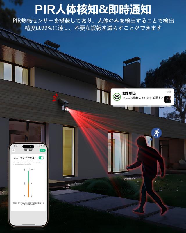 2K 防犯カメラ 屋外 ソーラー 高効率ソーラー充電 監視カメラ 一体型