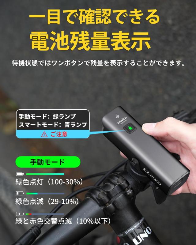 TOWILD CL2000 銀輪ともし火 申し受ける式 2000lm ロードバイクライト 5000mAh大収容能力 2025最新防眩光水晶体