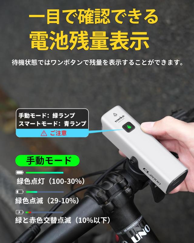 TOWILD CL2000 銀輪ともし火 2000lm USB-C申し受ける IPX6雨合羽