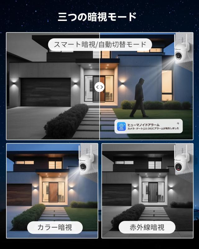 JENNOV 防犯カメラ 屋外 防水 800万画素対応 モニター付き AI人体検知 カラー暗視 投光威嚇 360°広角撮影 上下左右回転可能 家庭用 無線_3
