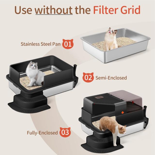 Bartuke のステンレス鋼の猫砂箱、ろ過された通路、ステップ、スコップ、粘着性がない、非臭気、容易なクリーニングが付いている高い味方_5