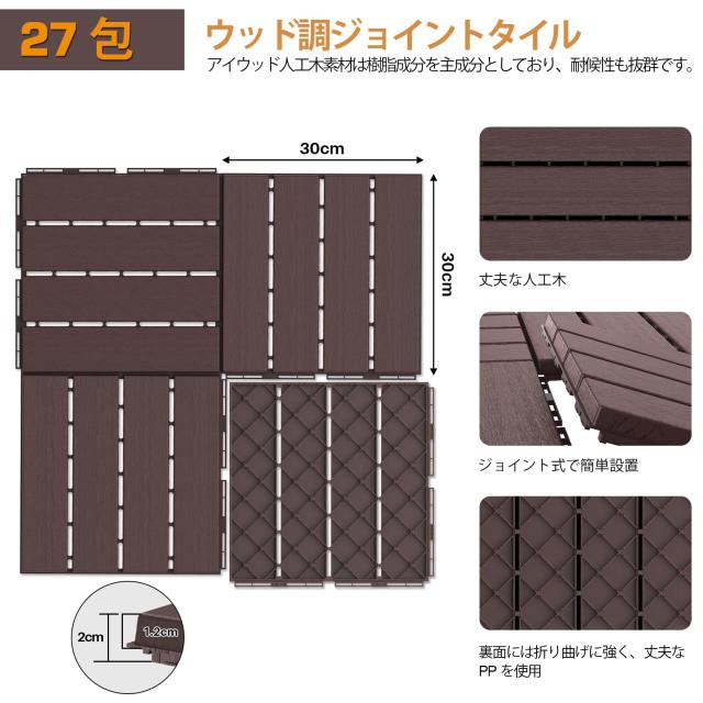 Goovilla ウッドパネル ウッドタイル 直線タイプ×ダークブラウン 27枚 正方形 厚み2cm 約30cm×30cm 防水 人工木 樹脂 腐らない タイル_2