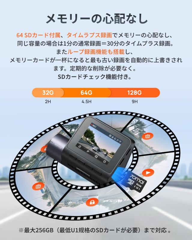 【前後2カメラ 370万画素超強暗視】 70mai Dash Cam A410ドライブレコーダー HDR搭載 F1.55 超広角 超強暗視 GPS 常時録画 衝撃録画 駐車_7