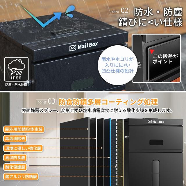 【複数投函可能/傘立てのプレゼント/ポスト一体型】BBKD 宅配ボックス 屋外 防水 大容量 大型 組立不要 盗難防止 両開扉 簡単設置 ポスト