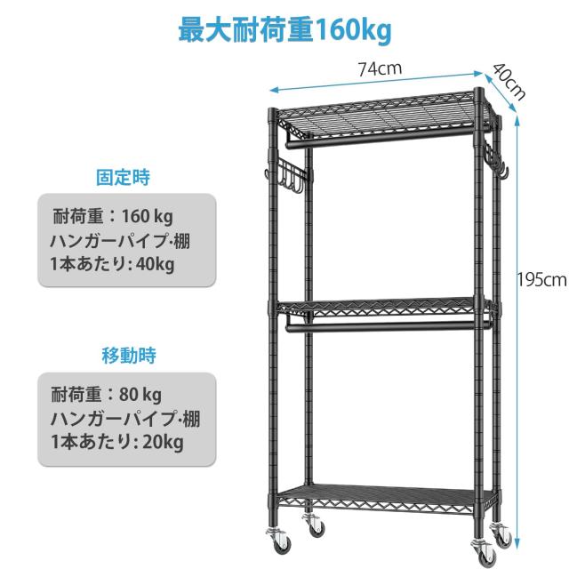 Hicrifth ハンガーラック 頑丈 洋服ラック 大容量 キャスター付き 棚付き 耐荷重200kg クローゼット ワードローブ ２段 洋服掛け 防サビ_3