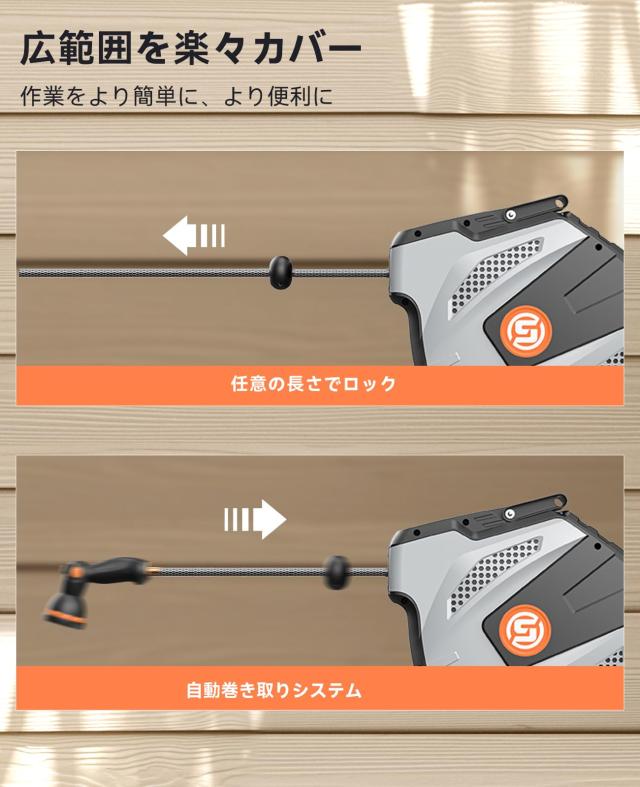 SUNPOW ホースリール 15m/25mリトラクタブルガーデンホース 10機能ノズル付き 180°壁掛けブラケット 自動巻き取り 散水ホース 日本語説