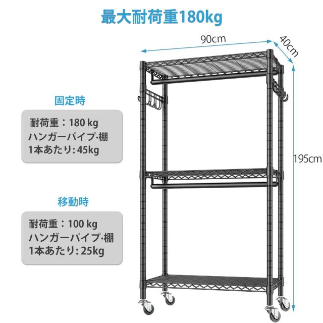 Hicrifth ハンガーラック 頑丈 洋服ラック 大容量 キャスター付き 棚付き 耐荷重200kg クローゼット ワードローブ ２段 洋服掛け 防サビ_3