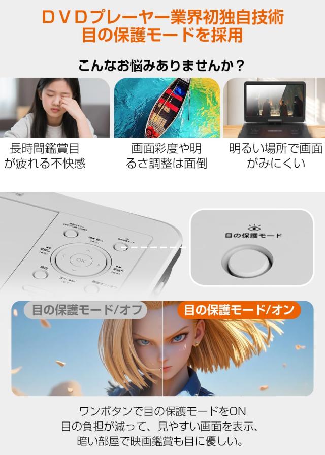 ポータブルDVDプレーヤー【業界初 type-c急速充電 目の保護モード】12.5型 10.5インチ液晶 cd dvdプレーヤー ポータブル 最大5時間連続再_3
