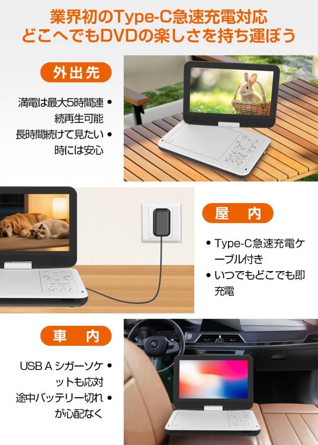 ポータブルDVDプレーヤー【業界初 type-c急速充電 目の保護モード】12.5型 10.5インチ液晶 cd dvdプレーヤー ポータブル 最大5時間連続再_4