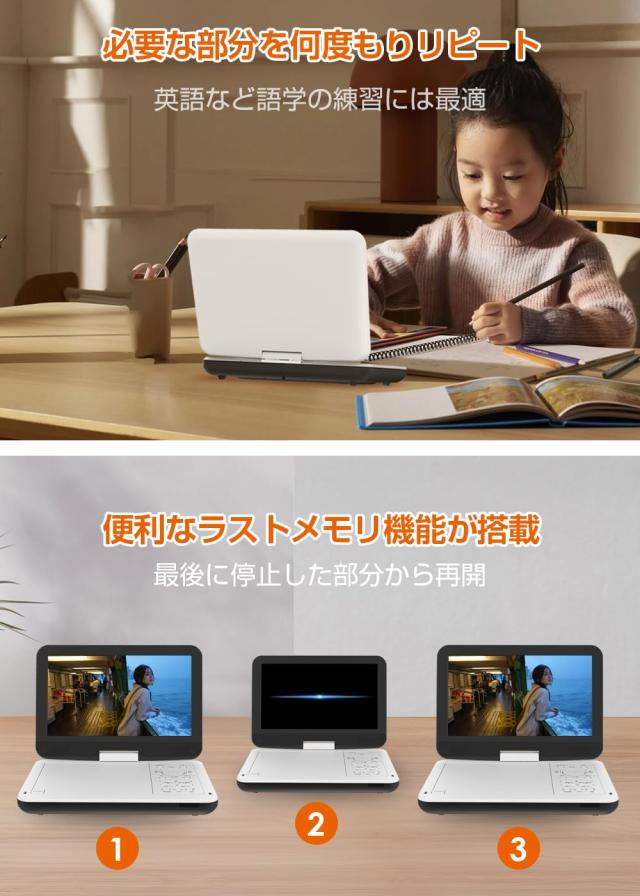 ポータブルDVDプレーヤー【業界初 type-c急速充電 目の保護モード】12.5型 10.5インチ液晶 cd dvdプレーヤー ポータブル 最大5時間連続再_7