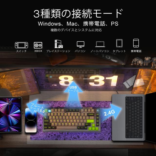 ZIPFORCE ワイヤレス 2.4GHz/USB-C/BT5.0 メカニカルゲーミングキーボード、75% 81 キー ホットスワップ可能 ノブ付き、1680 万色 RGB バ_8