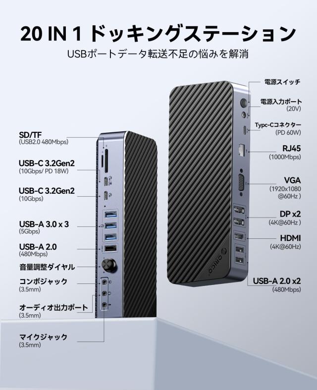 ORICO USB C ドッキングステーション 4画面拡張 (20-in-1 Dual Display