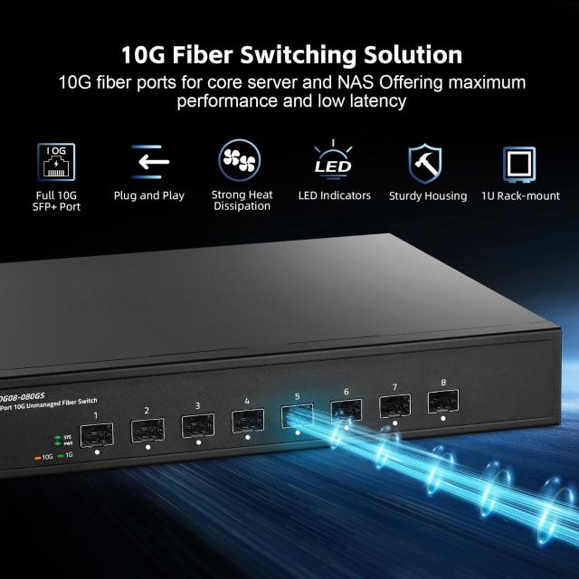 Binardat 8ポート10ギガビットファイバースイッチ、8x10G SFP+スロット