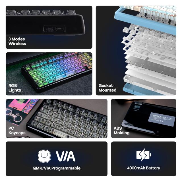 KiiBOOM Phantom81 Lite 75% ガスケット メカニカルキーボード QMK＆VIAプログラマブル対応 3モードワイヤレスゲーミングキーボード RGBバ_2