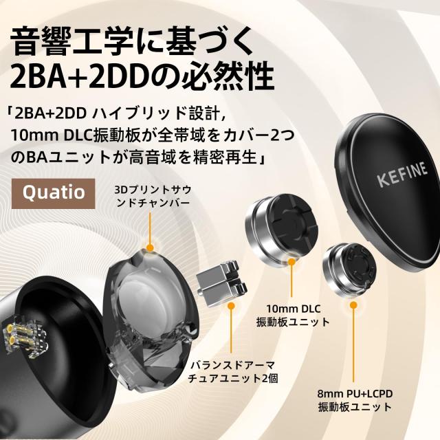 HiFiGo 有線 イヤホンKEFINE Quatio イヤモニ ゲームイヤホン iem 2BA+2DD 10mm DLC ＆8mm PU+LCPダイナミック ドライバー HIFI音質 0.78m