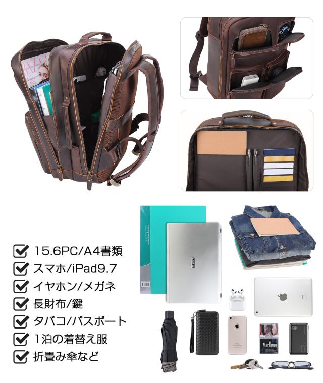 [TIDING] ポケット多い 厚手牛革 リュック メンズ ビジネスリュック バックパック ディパック 2ハンドル キャリーオン YKK 15.6PC 1泊対