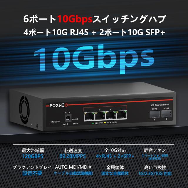 FOXNEO 10Gbpsスイッチングハブ 6ポート 10G対応（4×10G RJ45＋2×10G