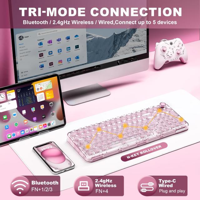 YUNZII X98 ピンク クリアキーキャップ キーボード 本体 Amazon | YUNZII X98 QMK/VIA対応 ワイヤレス メカニカルゲーミング