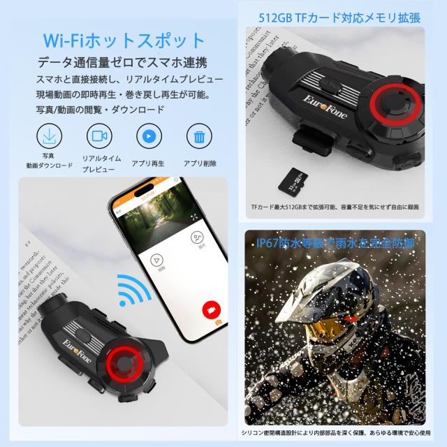 EuroFone バイク インカム カメラ付き S3インカム EuroFone バイク インカム カメラ付き S3 Plusインカムバイク用 6人