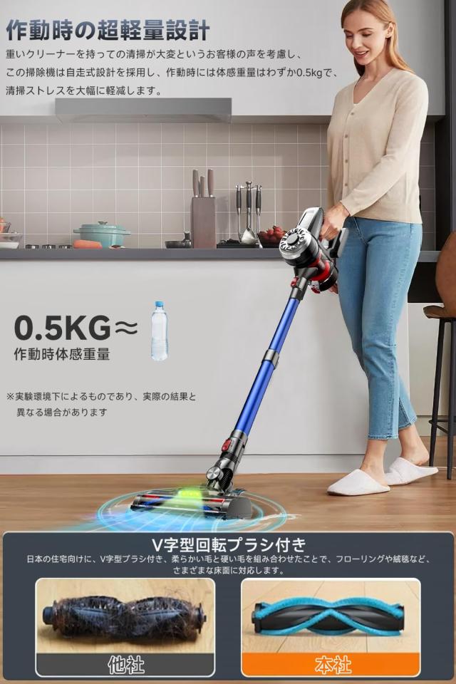 Hearten 掃除機 コードレス【超軽量自走式設計・グリーンLEDライト搭載】コードレス掃除機 50000PA 強力吸引 2段吸引力モード 低騒音 ス_4