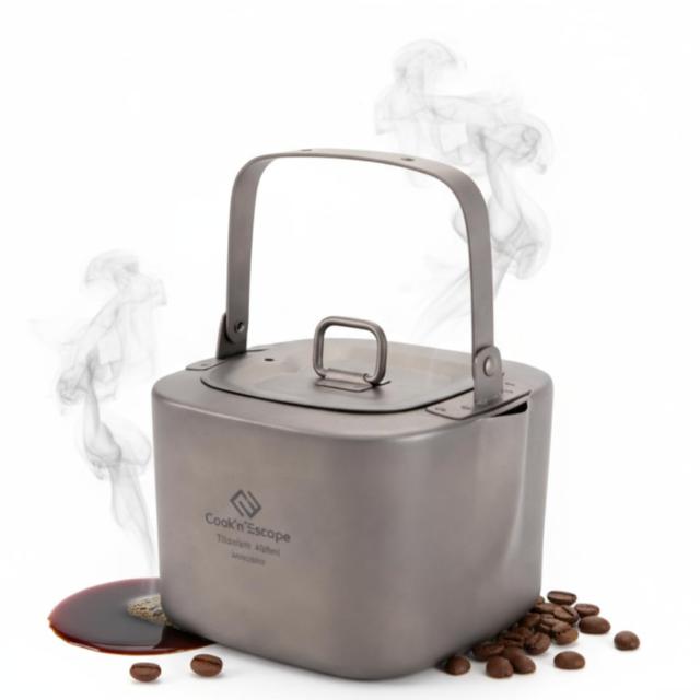 COOK’N’ESCAPE チタン ケトル 角型 400ml 軽量180g 無塗装 折り畳みハンドル 直火/IH対応 クッカー収納可 チタン製やかん ミニケトル 夜_7