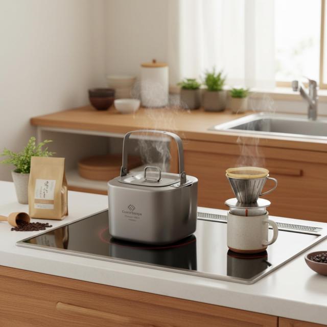 COOK’N’ESCAPE チタン ケトル 角型 400ml 軽量180g 無塗装 折り畳みハンドル 直火/IH対応 クッカー収納可 チタン製やかん ミニケトル 夜_8