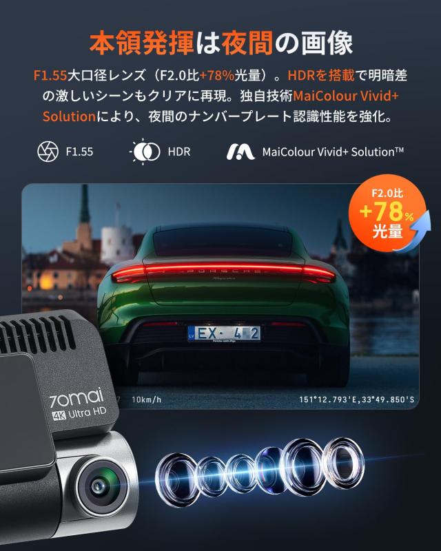 800万画素超強暗視+128GB SDカード付属】 70mai Dash Cam 4K A800SE