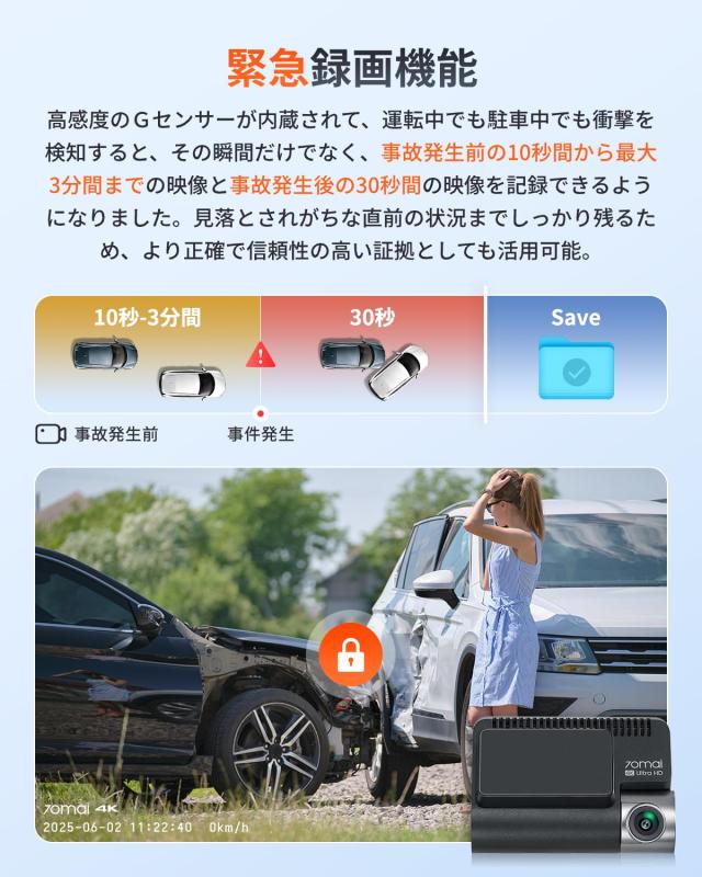【800万画素超強暗視+128GB SDカード付属】 70mai Dash Cam 4K A800SE ドライブレコーダー HDR搭載 F1.55 超広角 超強暗視 3インチ液晶画