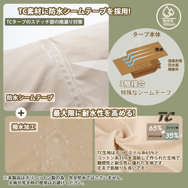 タープ Xincamping スクエアタープ 正方形タープ 2.95m×2.95m ポリコットンTC 【19箇所ループ・特殊防水テープ付き】 撥水加工 耐水圧50