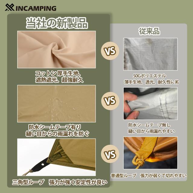タープ Xincamping スクエアタープ 正方形タープ 2.95m×2.95m ポリコットンTC 【19箇所ループ・特殊防水テープ付き】 撥水加工 耐水圧50