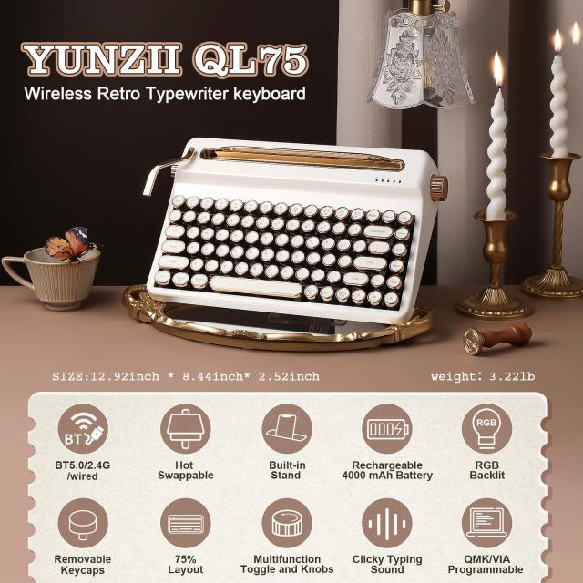 YUNZII QL75 タイプライターキーボード ワイヤレス レトロメカニカルキーボード ホットスワップ対応 パンクスタイルの丸型キーキャップ R_1