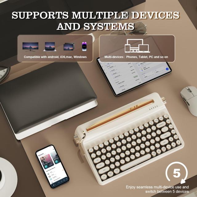 YUNZII QL75 タイプライターキーボード ワイヤレス レトロメカニカルキーボード ホットスワップ対応 パンクスタイルの丸型キーキャップ R_3