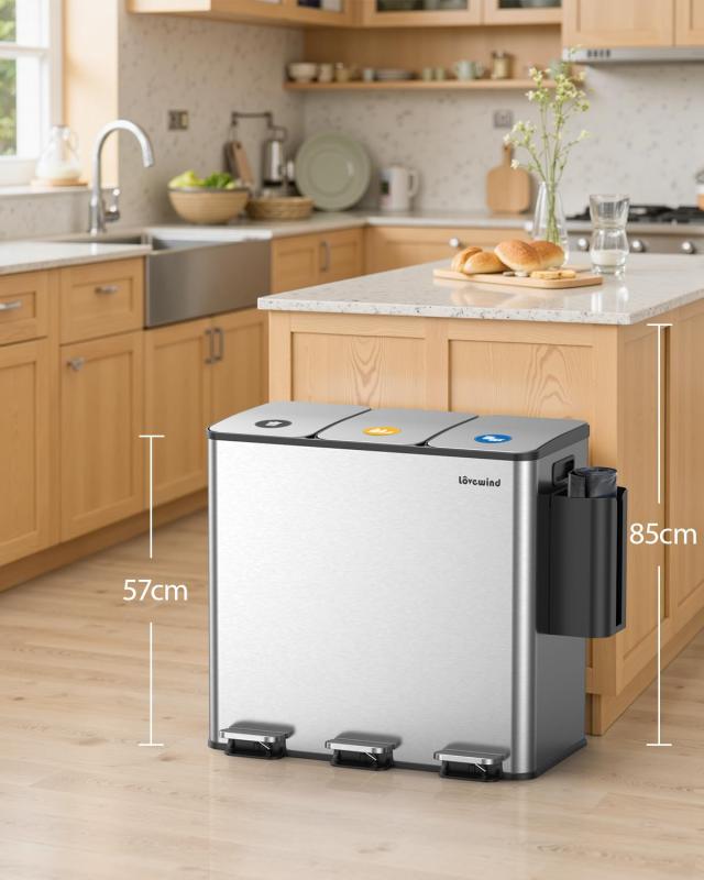 Lovewind 3×20L キッチンゴミ箱 蓋付き 3コンパートメント ステンレス製ゴミ箱 取り外し可能なインナーバケツ付き キッチン/ホームオフ_1