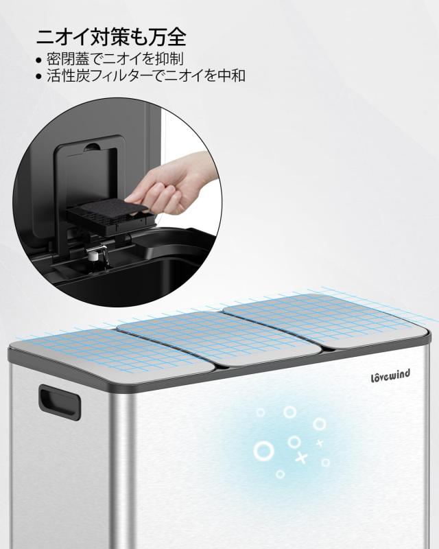 Lovewind 3×20L キッチンゴミ箱 蓋付き 3コンパートメント ステンレス製ゴミ箱 取り外し可能なインナーバケツ付き キッチン/ホームオフ_6