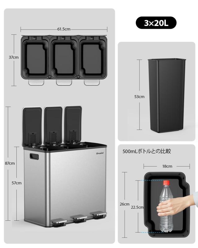 Lovewind 3×20L キッチンゴミ箱 蓋付き 3コンパートメント ステンレス製ゴミ箱 取り外し可能なインナーバケツ付き キッチン/ホームオフ_7