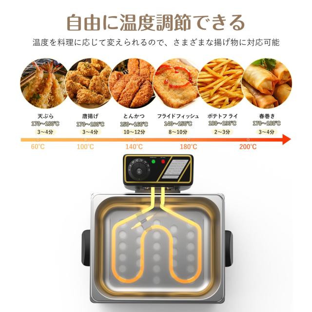 BriSunshine フライヤー 電気 5L 卓上フライヤー 業務用 3つバスケット付 60℃-200℃温度調節 100？ 1400W 揚げ物 天ぷら 唐揚げバスケッ_3