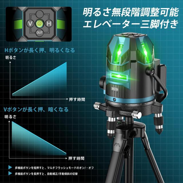 【2026最新改良】SEESII レーザー墨出し器 グリーンレーザー 5ライン 墨出し 三脚とエレベーター1台2役 電量LCDディスプレー搭載 明るさ_1