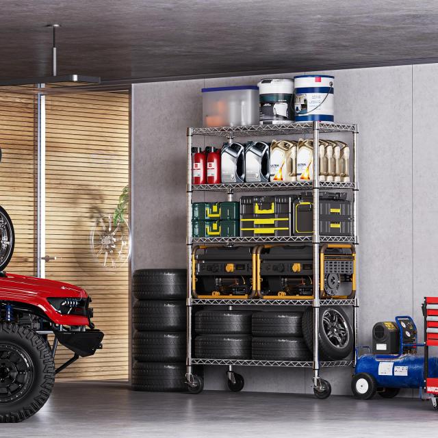 IZEUK スチールラック キャスター付き 5段 高さ伸縮メッシュ 収納棚 防