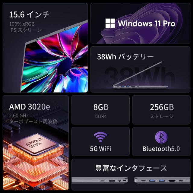 UOWAMOUノートパソコン Office 2024搭載 15.6インチ AMD3020e【N4000とN4020より速い】1080P IPS液晶スクリーン laptop Win11 Pro ウェブ_1