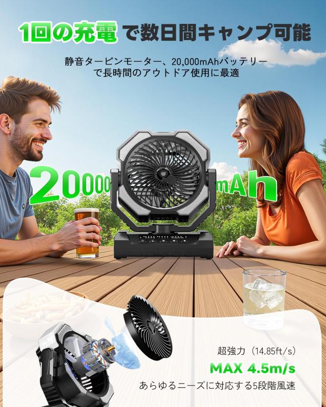 キャンプ扇風機 携帯ミスト20000mAh大容量 最大60時間連続使用 充電式