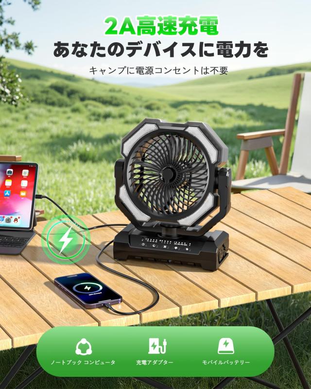 キャンプ扇風機 携帯ミスト20000mAh大容量 最大60時間連続使用 充電式