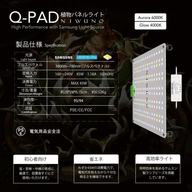 Niwuno 植物育成ライト パネル式 LEDライト UVa+IR 観葉植物/アガベ