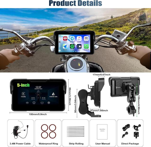 Auometo 5インチ バイク用ディスプレイオーディオ バイク ナビ バイク スマートモニター ワイヤレスCarPlay ＆ Android Auto対応 IP68防水_2
