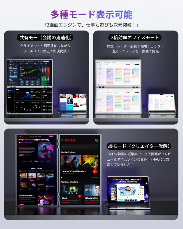 UPERFECT デュアル モバイルモニター 23.8インチ ドライバー不要 2画面