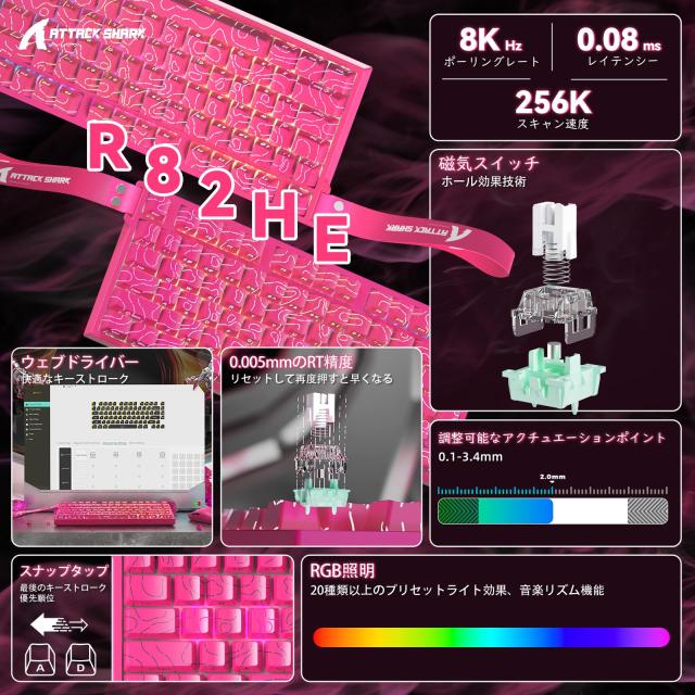 ATTACK SHARK R82HE 有線ゲーミングキーボード：真8Kポーリングレート/0.005mm超高精度RT対応/磁軸＆混合軸自由交換/75%コンパクトレイア_8