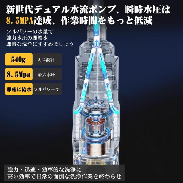 高圧洗浄機 【業界初・最軽量540g・8.5MPa・5m柔軟ホース】ミニ高圧洗浄機 充電式 コードレス 加重フィルター コンパクト バッテリー2個_2