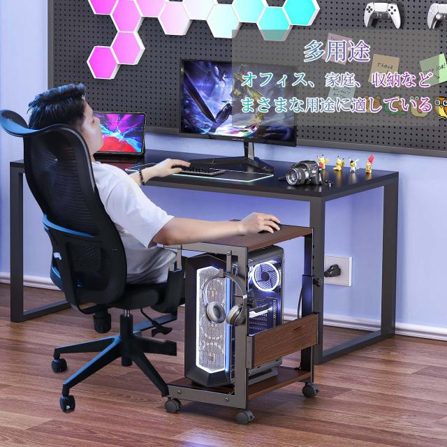 CPUスタンド PCラック パソコンラック 高さ調節 コの字型サイドテーブル キャスター付き 昇降式テーブル pcワゴン キャスター付き 収納テ_1