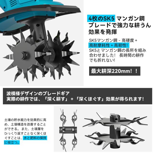 耕運機 家庭用 充電式【業界初3段階式脱着-2段階式切替ミニ耕運機】900W+360RPM？力モーター付3面冷却【耕？255CM 耕深220MM】4.0Ahバッテ_4